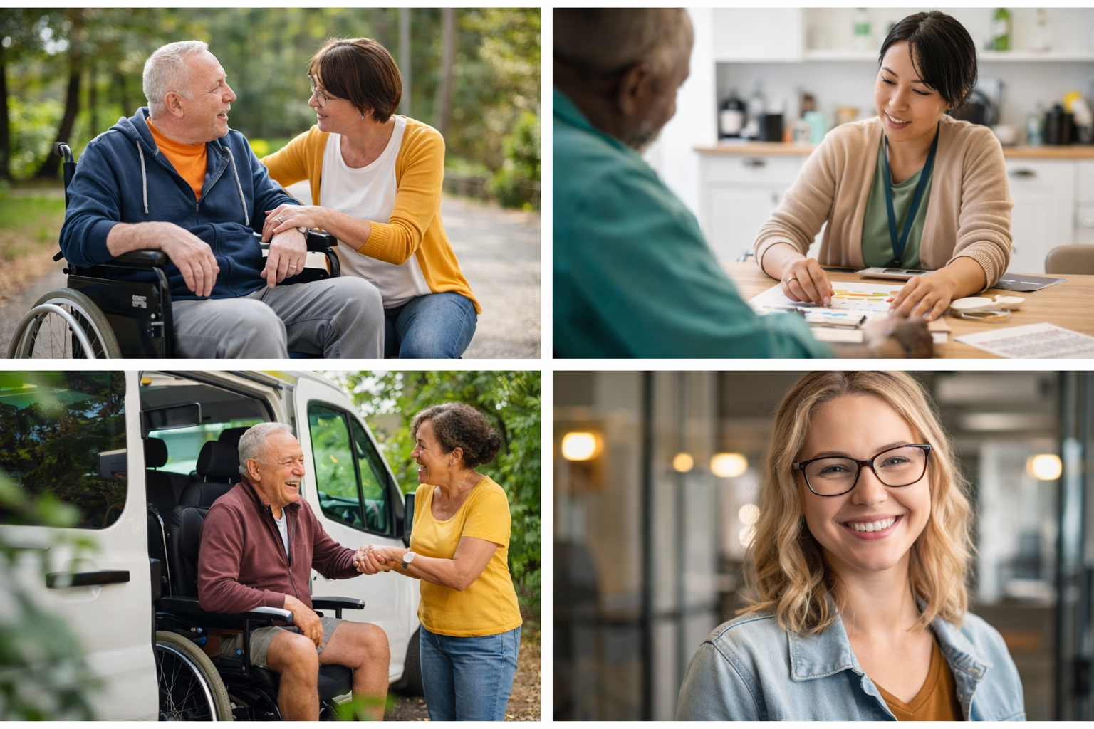 Support worker with elderly client in wheelchair outdoors